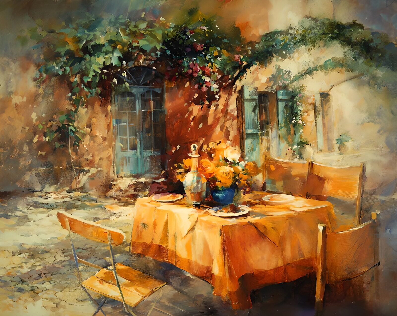 TPES53978: Mesa y sillas en un patio soleado