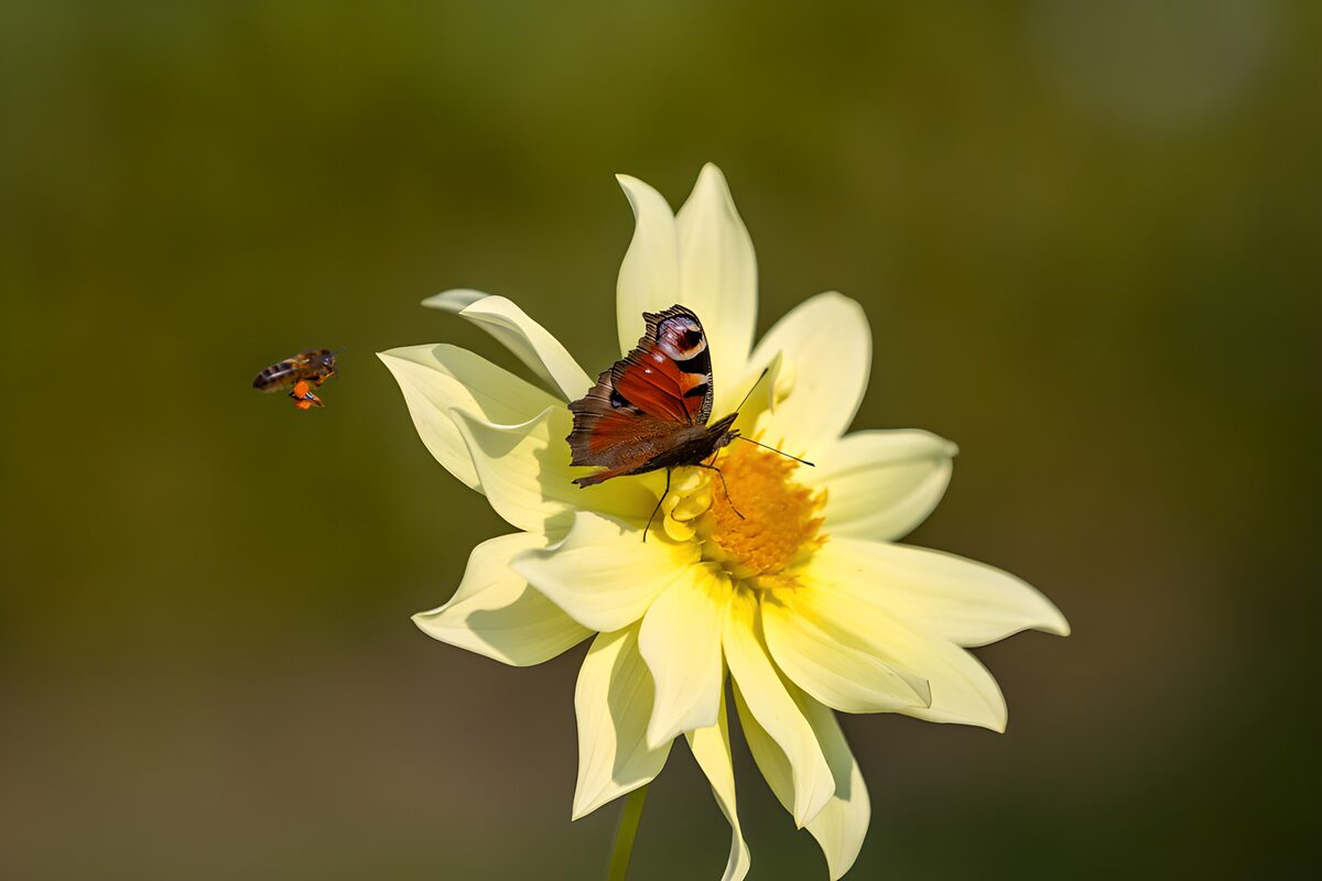 Mariposa y abeja en una dalia al sol