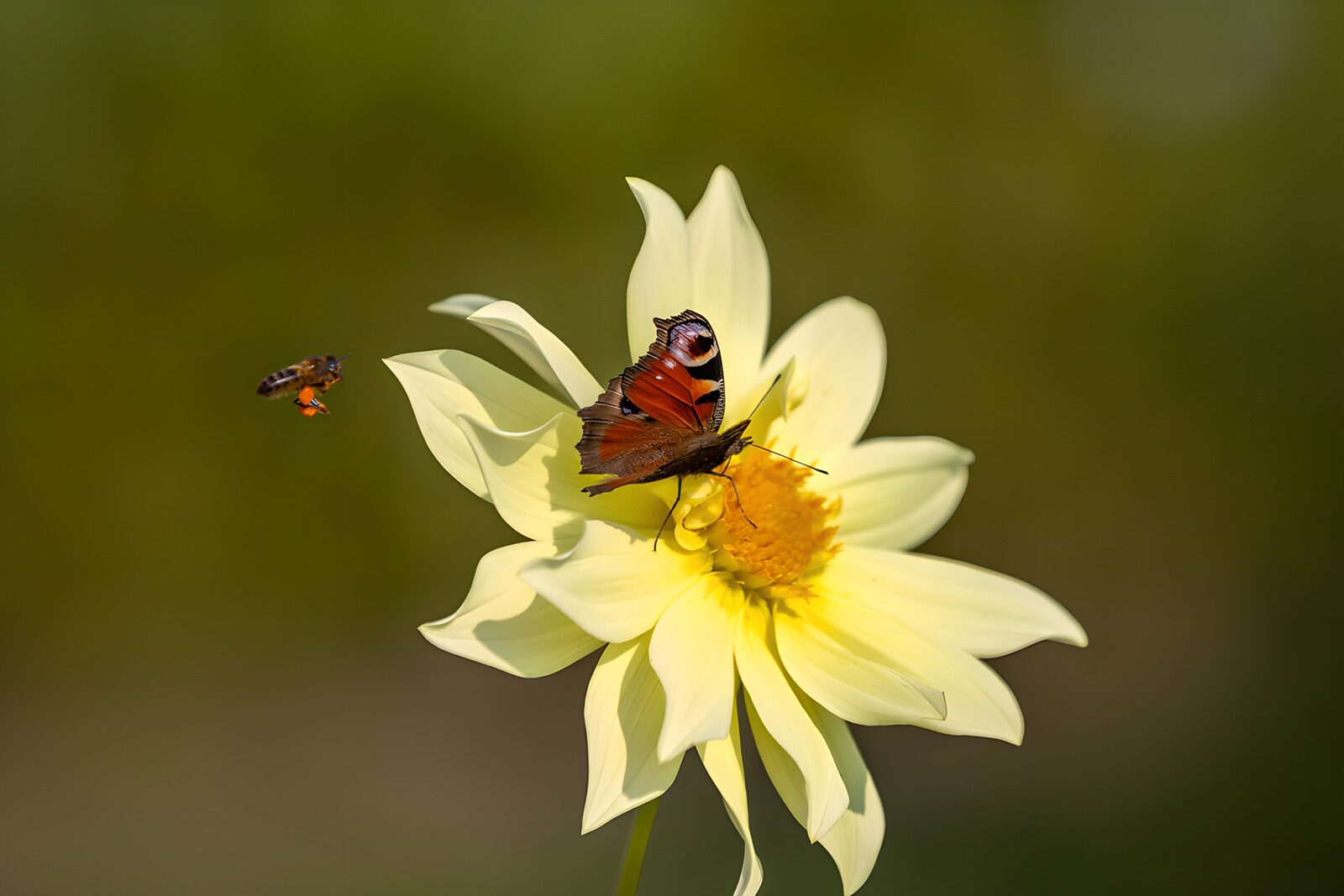 TPES73630: Mariposa y abeja en una dalia al sol