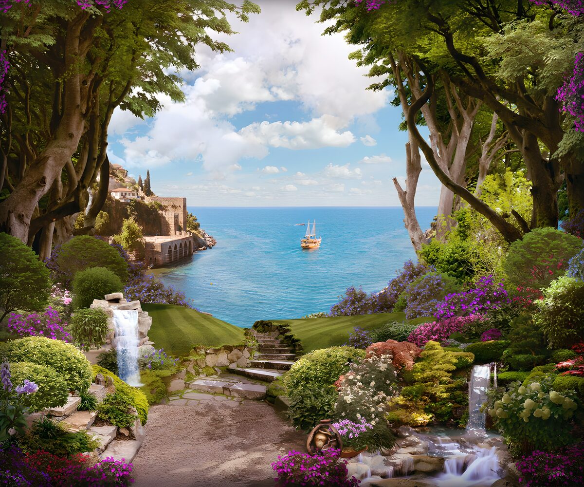 TPES48338: Jardín florido con cascadas frente al mar