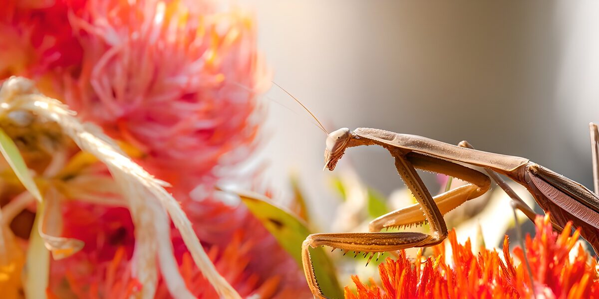 Mantis marrón entre flores de vivos colores