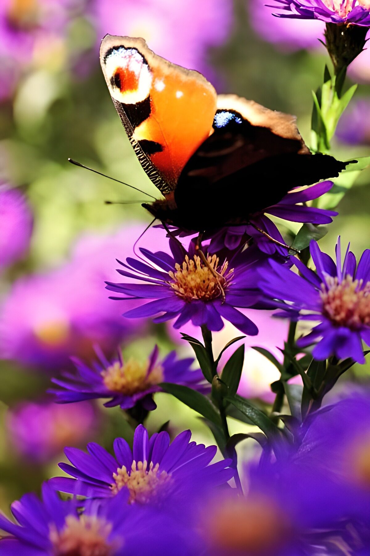 TPES10695: Mariposa pavo real entre ásteres al sol