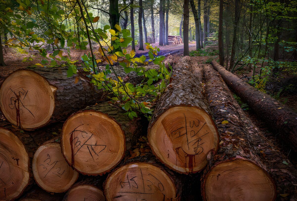 Troncos apilados a la sombra del bosque
