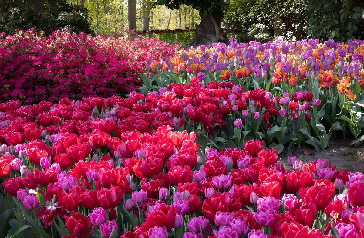 TPES46409: Tulipanes rojos, rosas y morados al sol