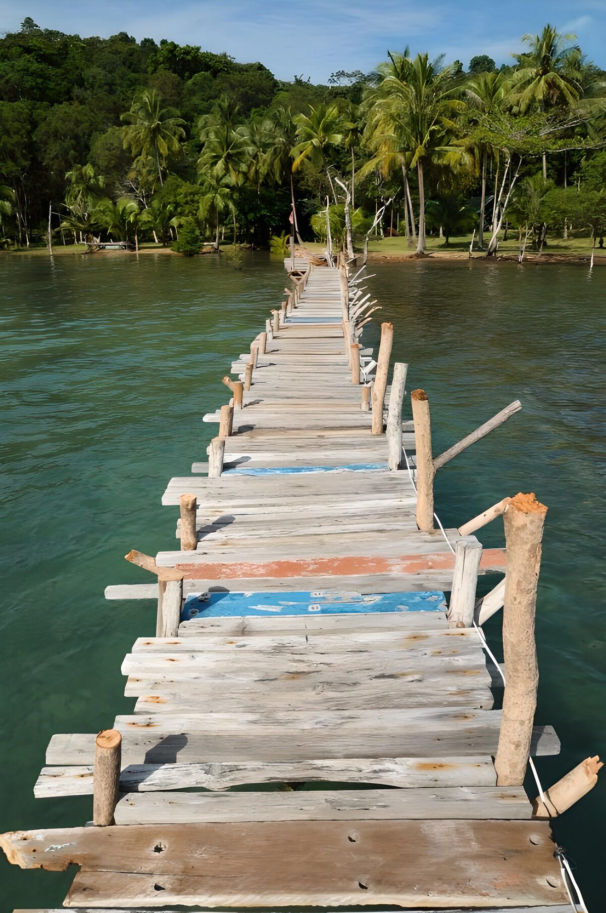 Pasarela de madera hacia una costa tropical