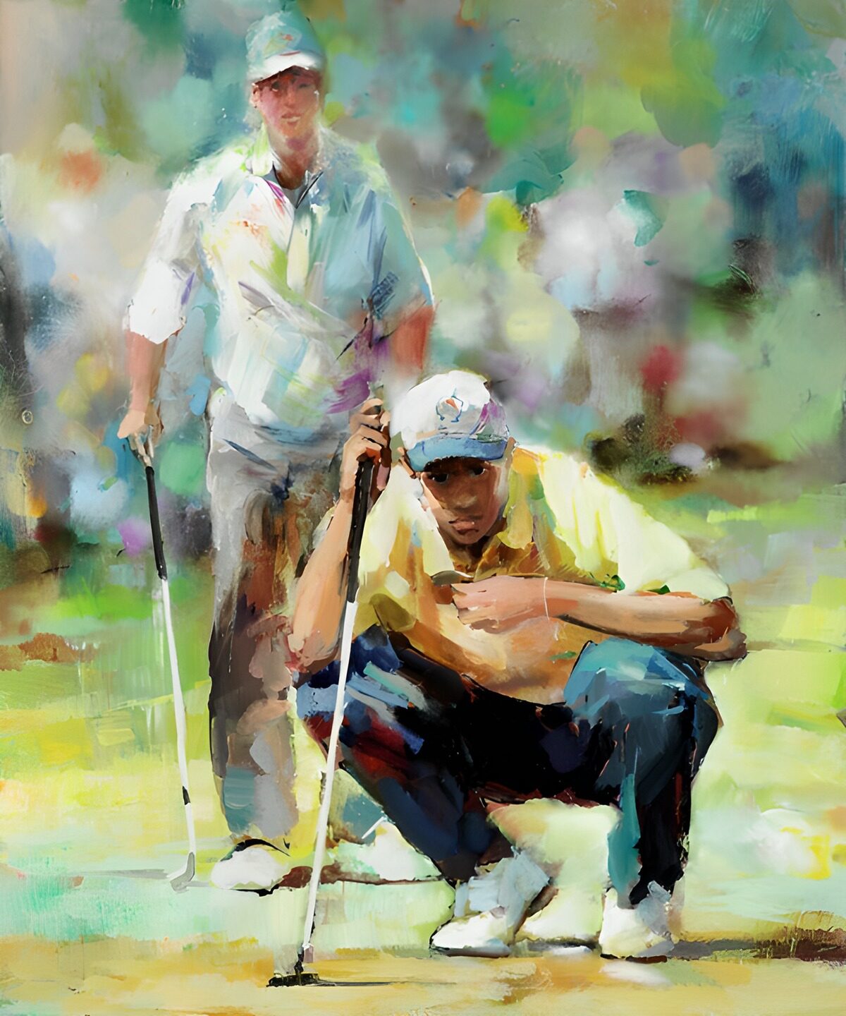 Dos golfistas entre manchas de color