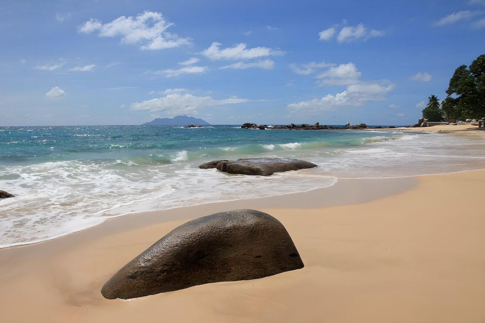 TPES44947: Playa dorada con rocas y mar turquesa
