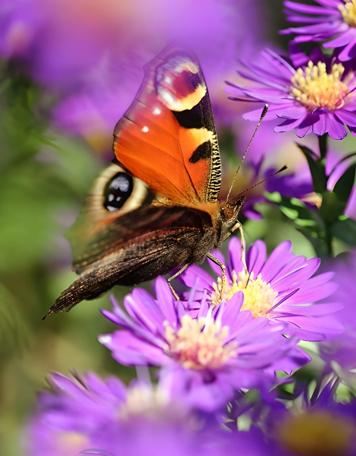 Mariposa sobre ásteres al sol