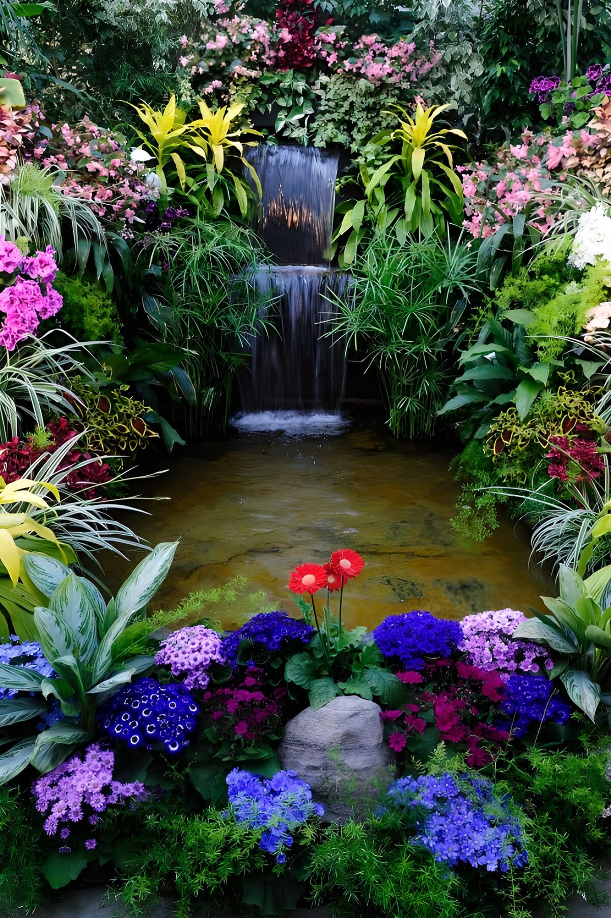 Cascada y estanque entre flores de colores