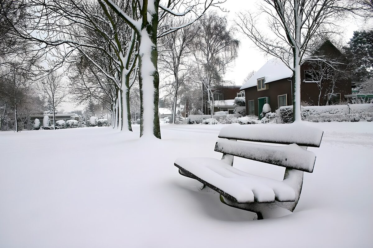 Banco y casas bajo la nieve