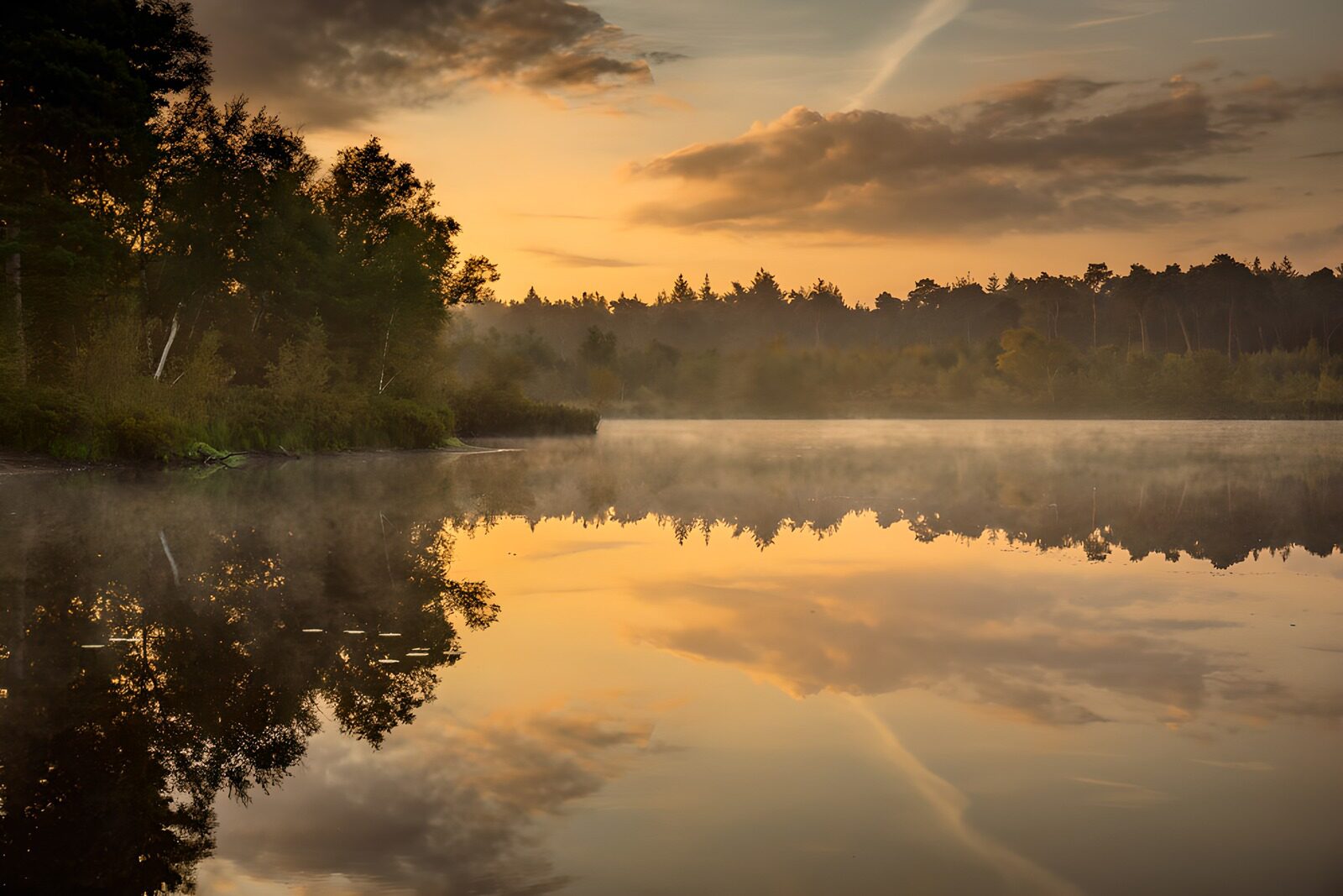 TPES83555: Lago entre árboles bajo un cielo dorado