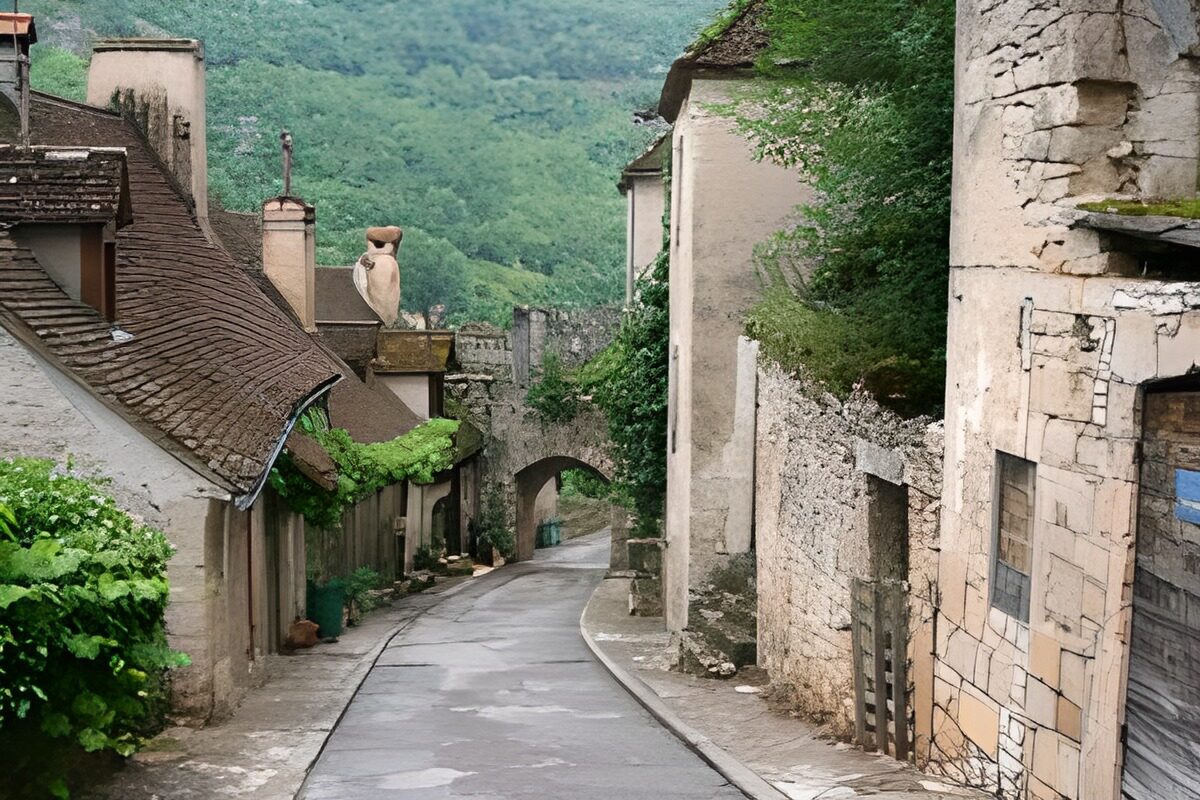 Calle de pueblo con arco de piedra