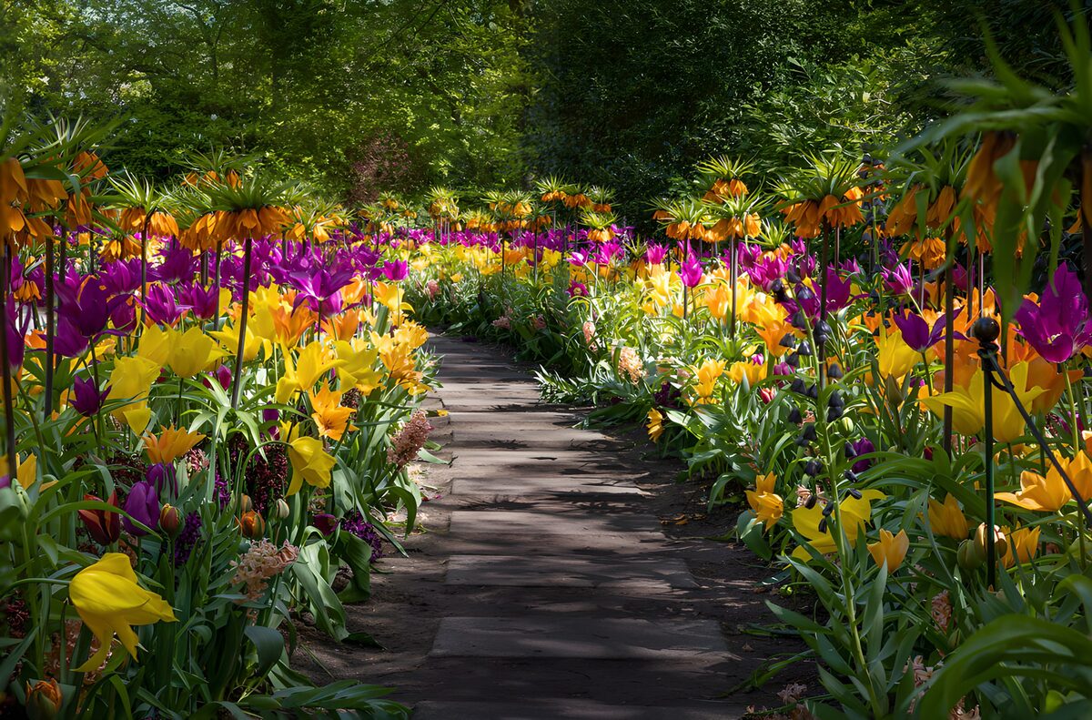 Sendero de piedra entre tulipanes en flor