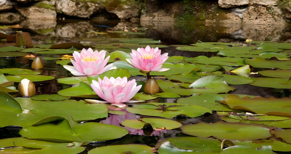 Tres nenúfares rosas en aguas tranquilas