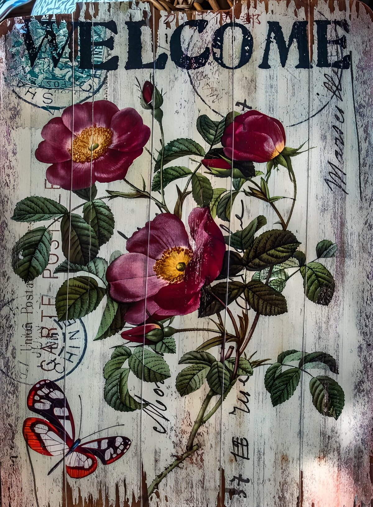 TPES59138: Rosas y mariposa sobre madera envejecida