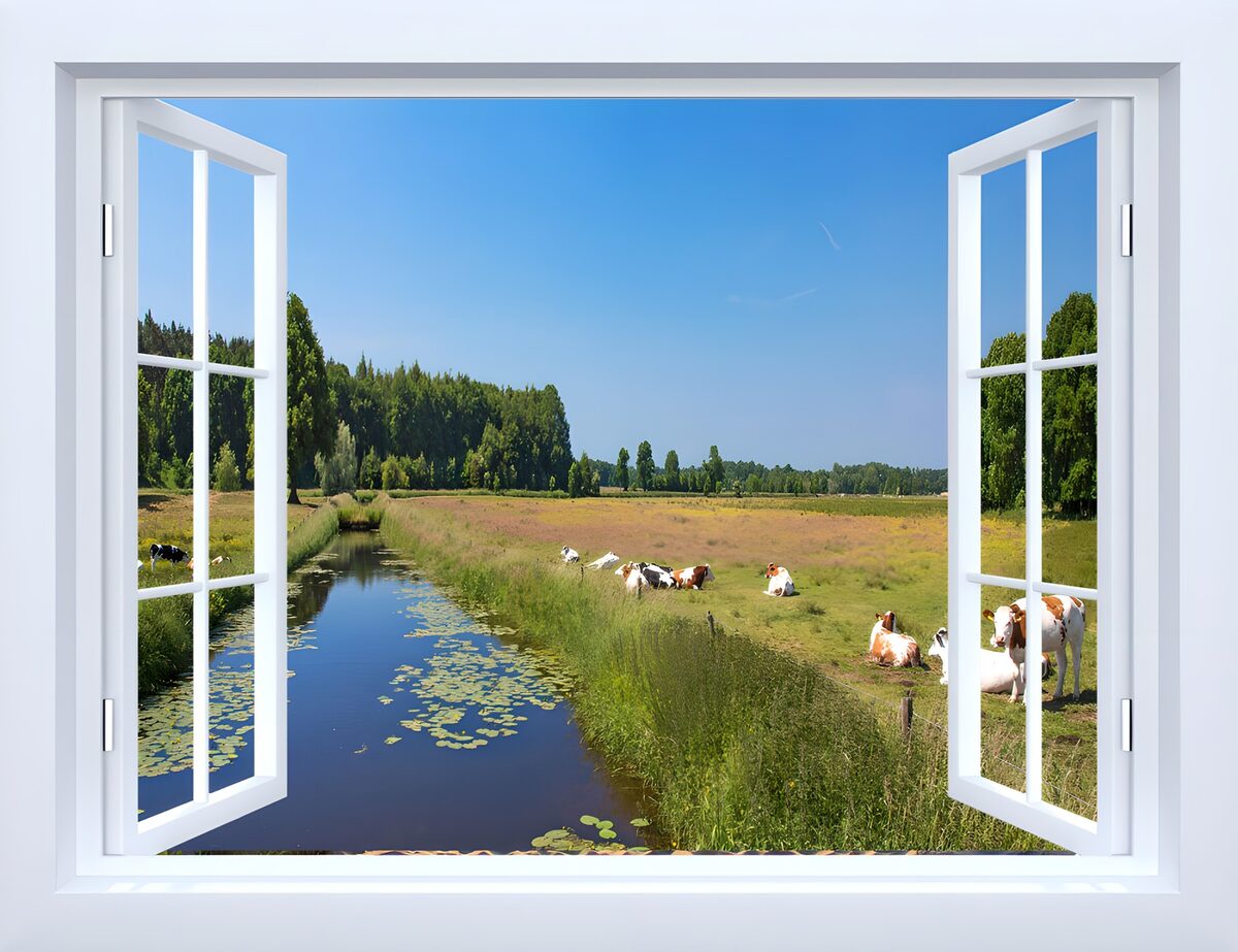 Ventana abierta a un prado con vacas