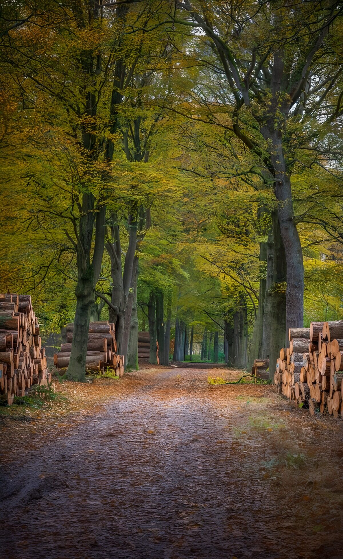 Camino de otoño entre troncos apilados