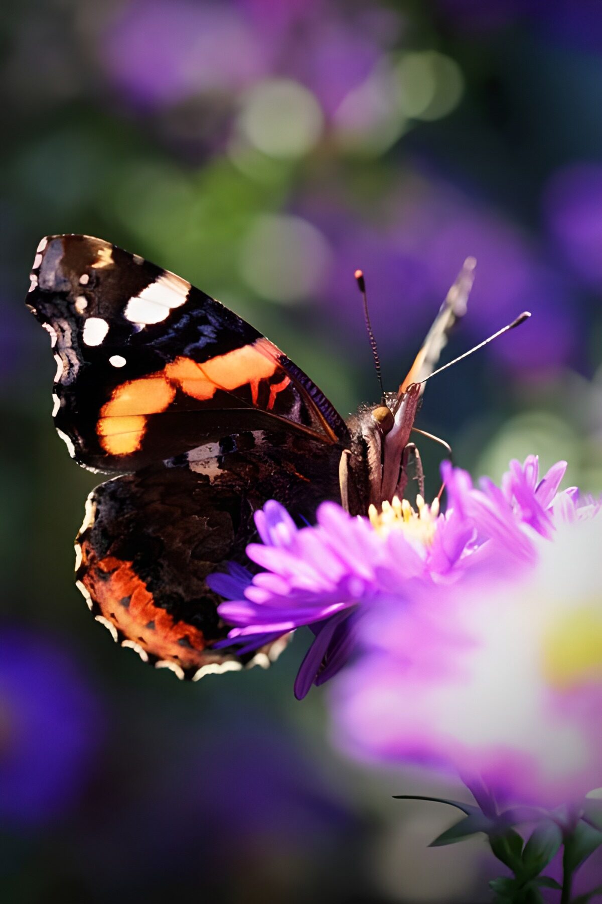 Mariposa al sol sobre una flor morada