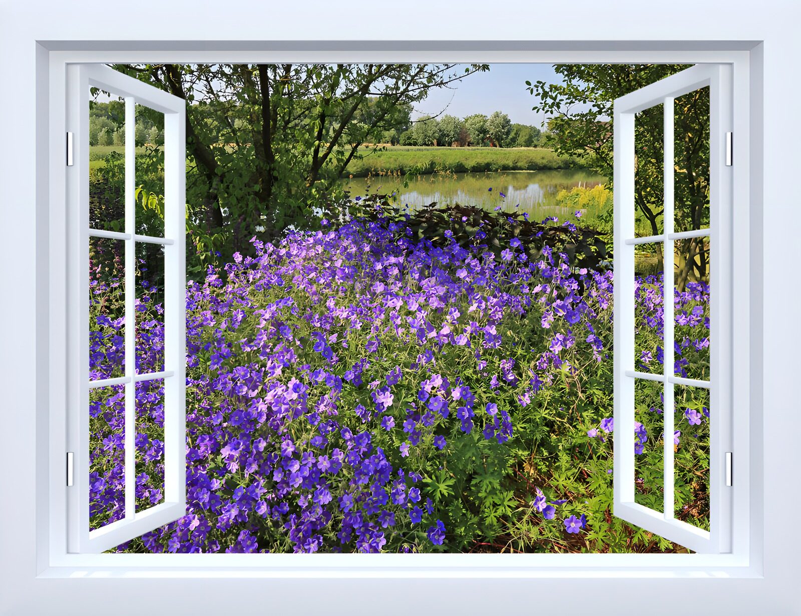 TPES64375: Ventana abierta a flores y estanque