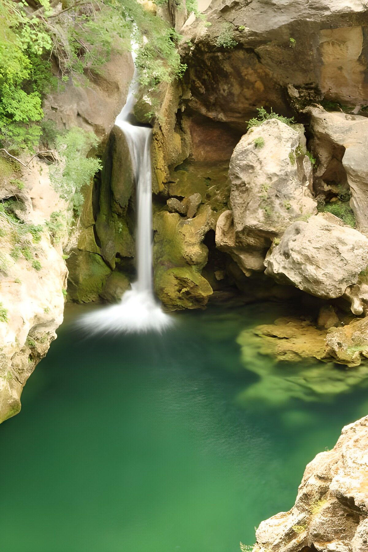 TPES81722: Cascada y poza verde entre rocas en sombra