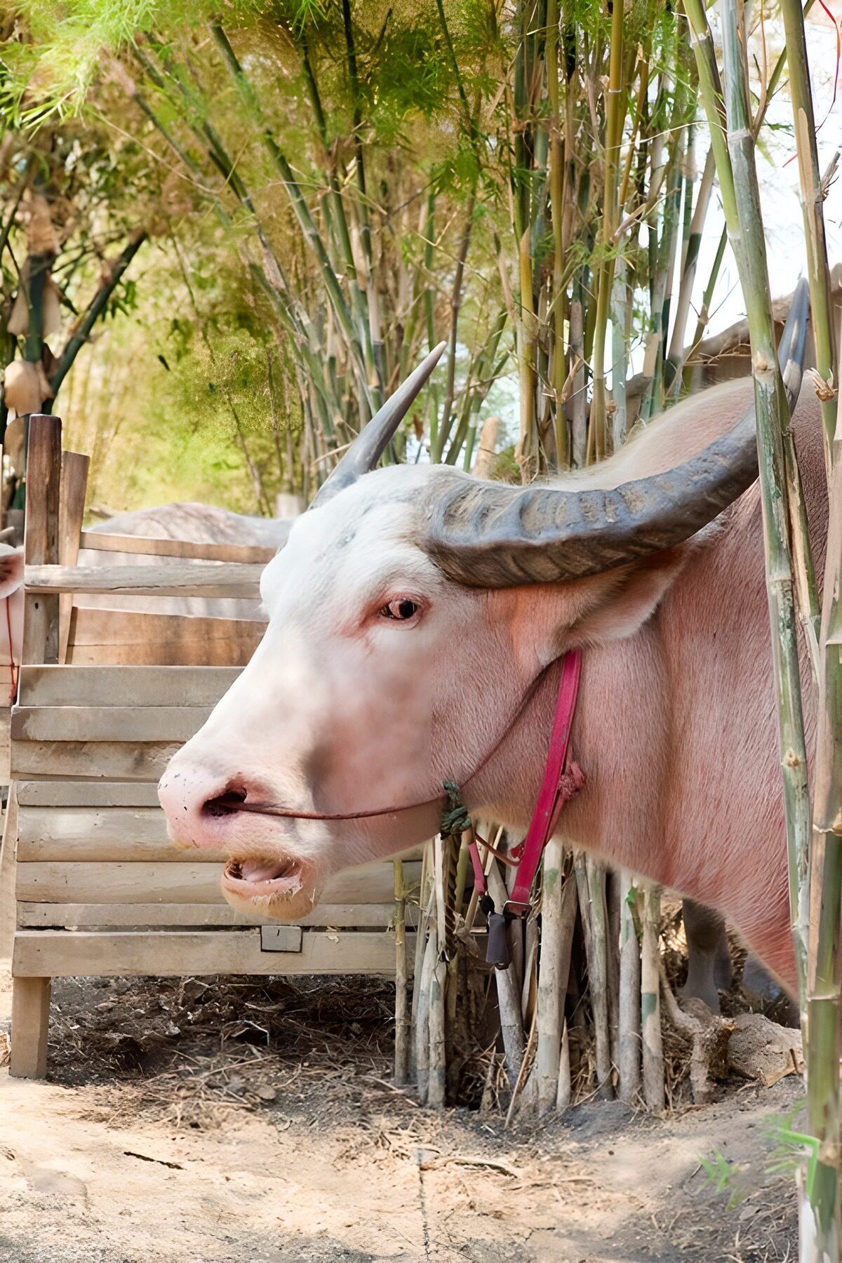 Búfalo rosado entre bambúes al sol