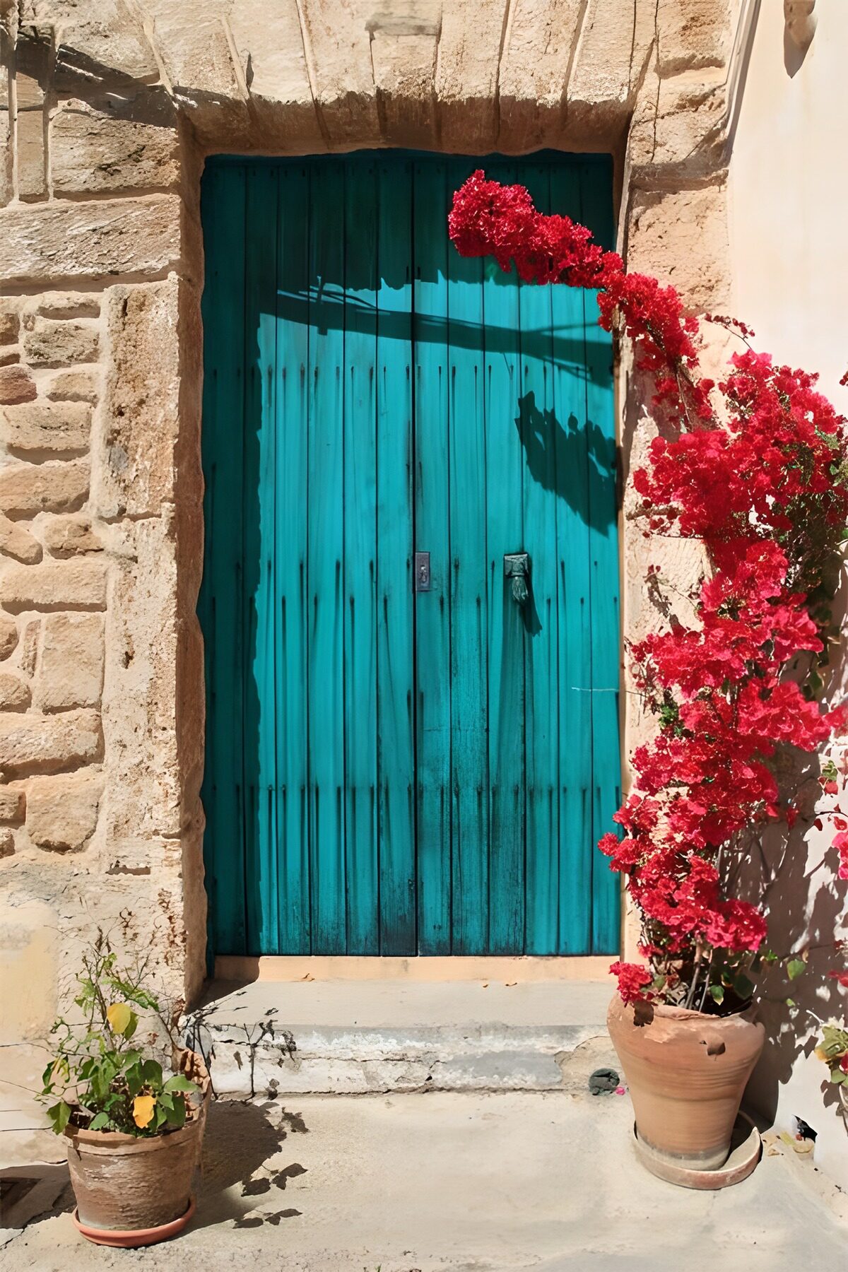 TPES78468: Puerta turquesa con buganvilla al sol
