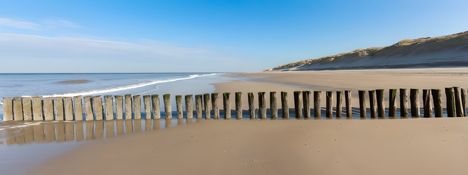 TPES15240: Playa con rompeolas de madera y mar en calma