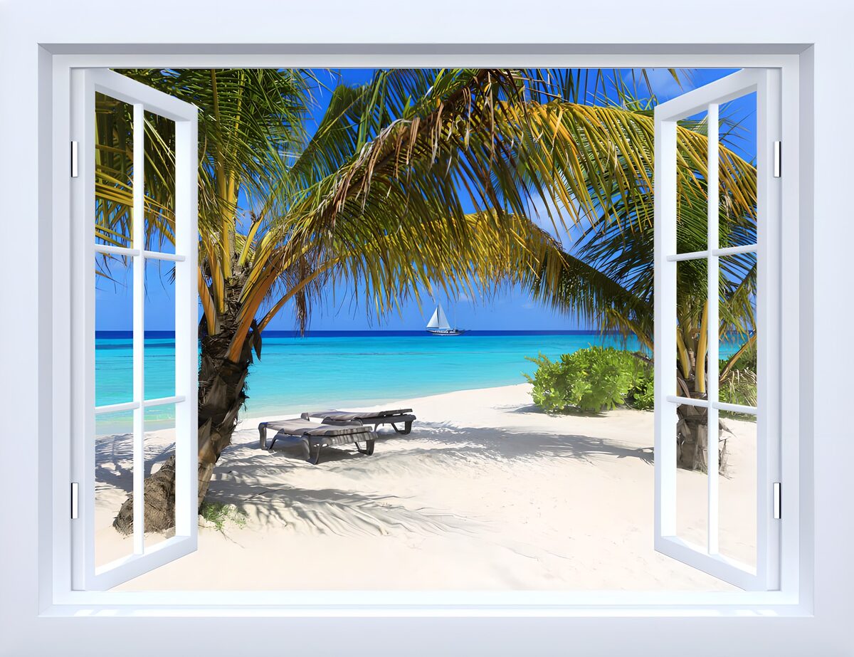 Ventana blanca con vistas al trópico