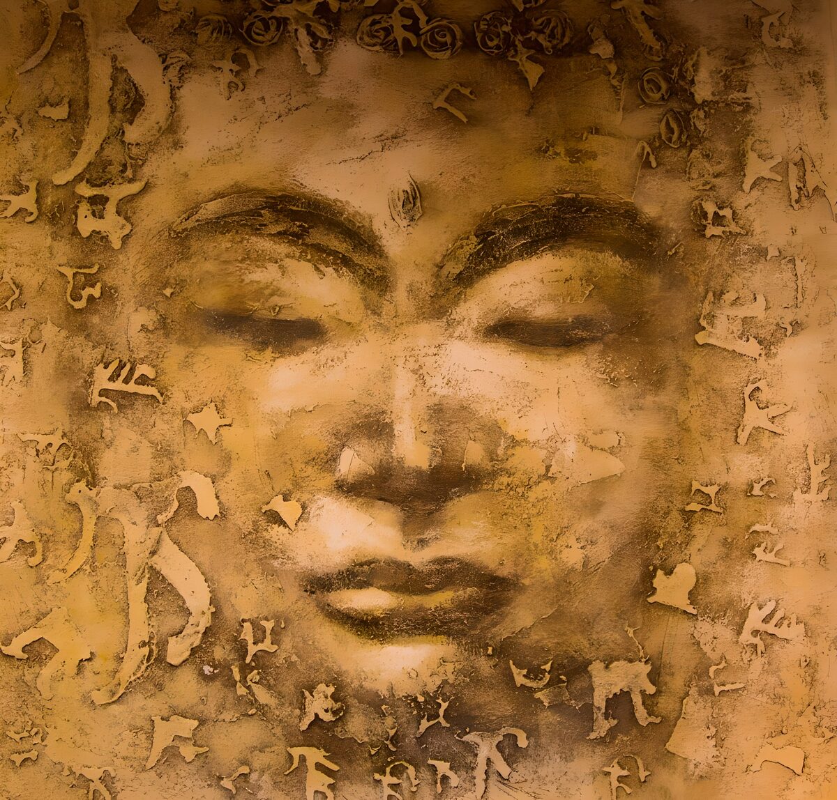 Rostro de mujer en ocre y oro