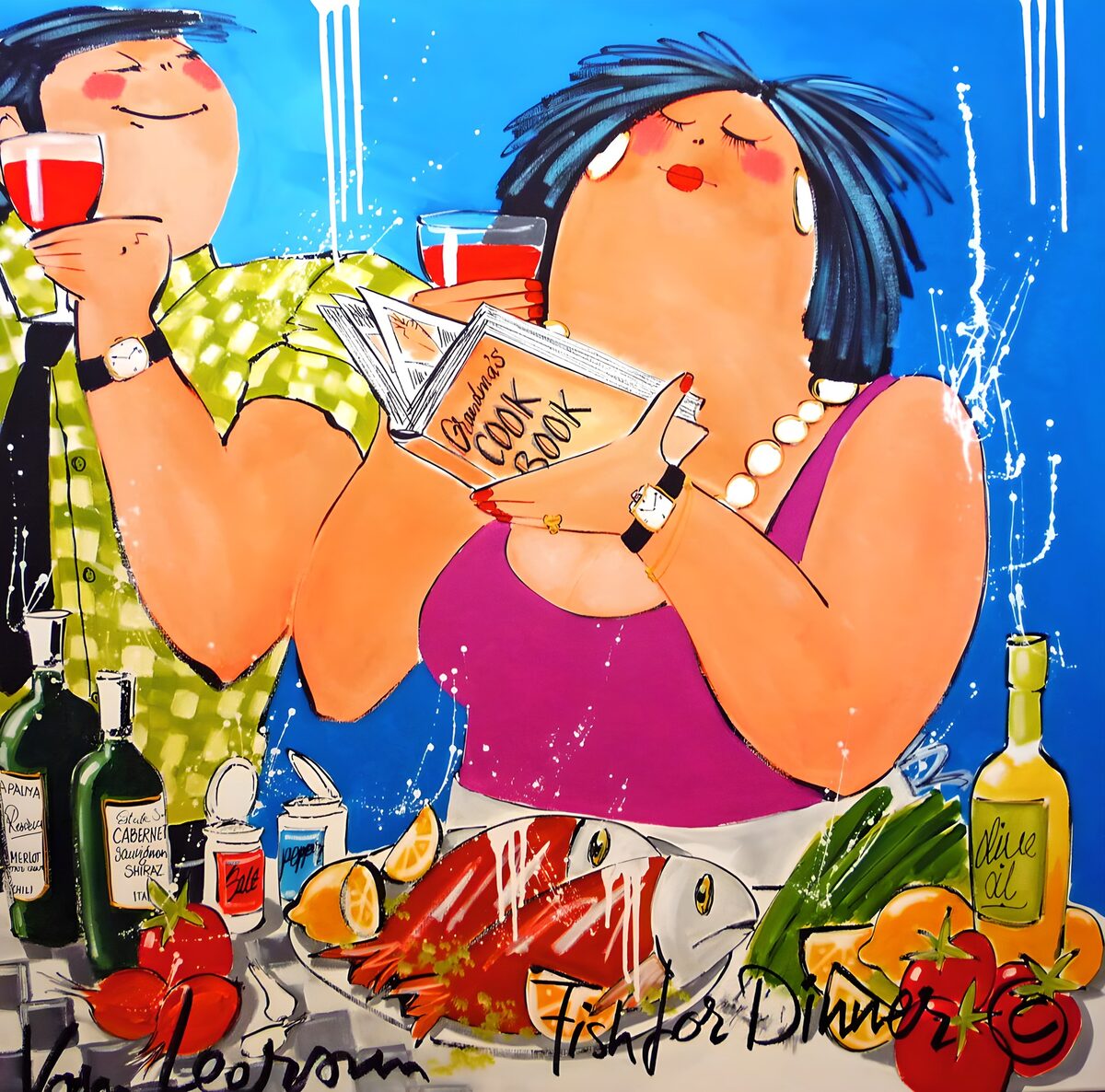 Pareja con vino, pescado y recetario