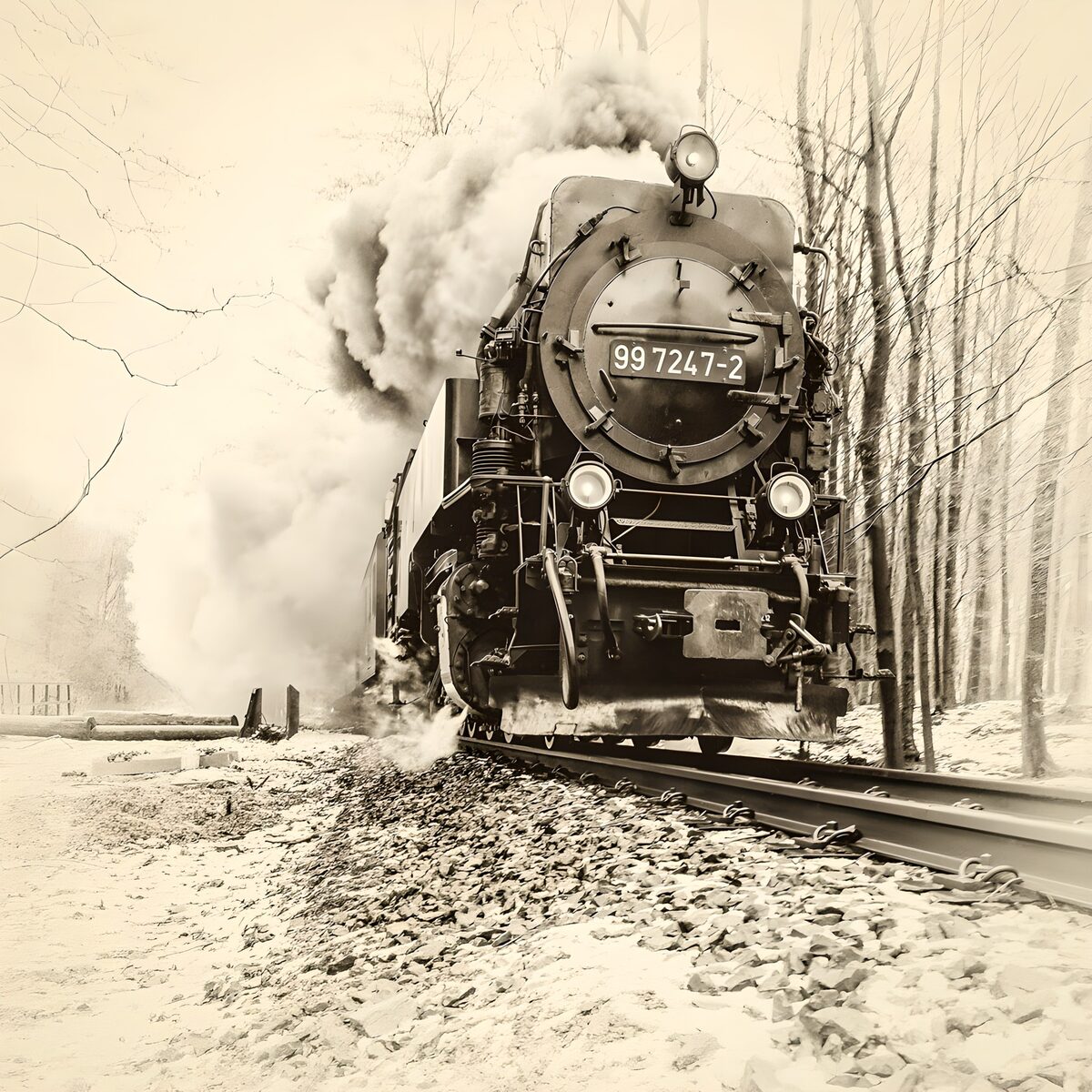 Locomotora de vapor en un invierno sepia