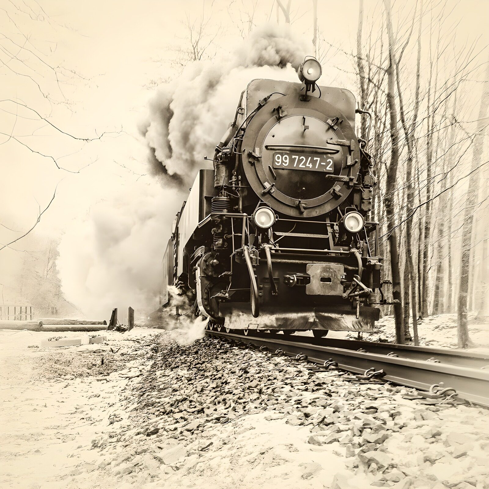 TPES98258: Locomotora de vapor en un invierno sepia