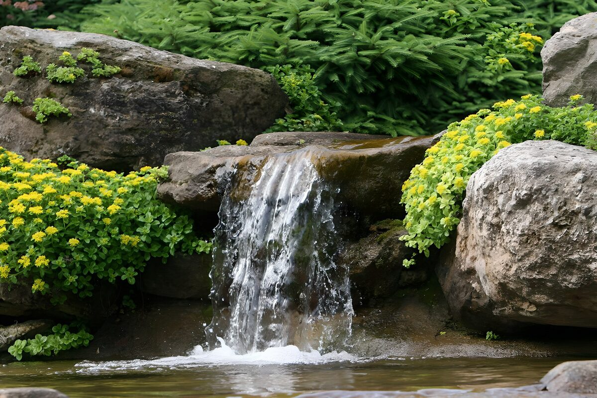 Cascada de jardín entre rocas y flores