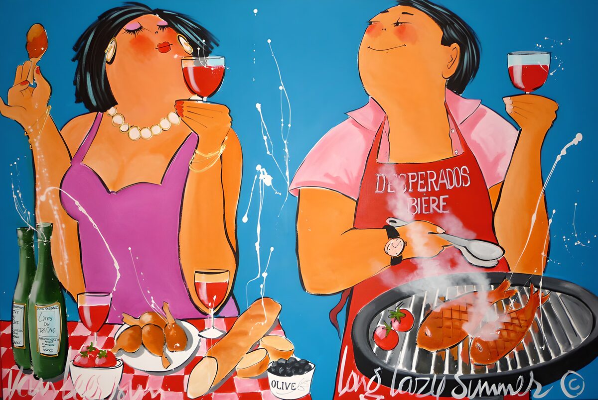 Pareja con vino junto a la barbacoa