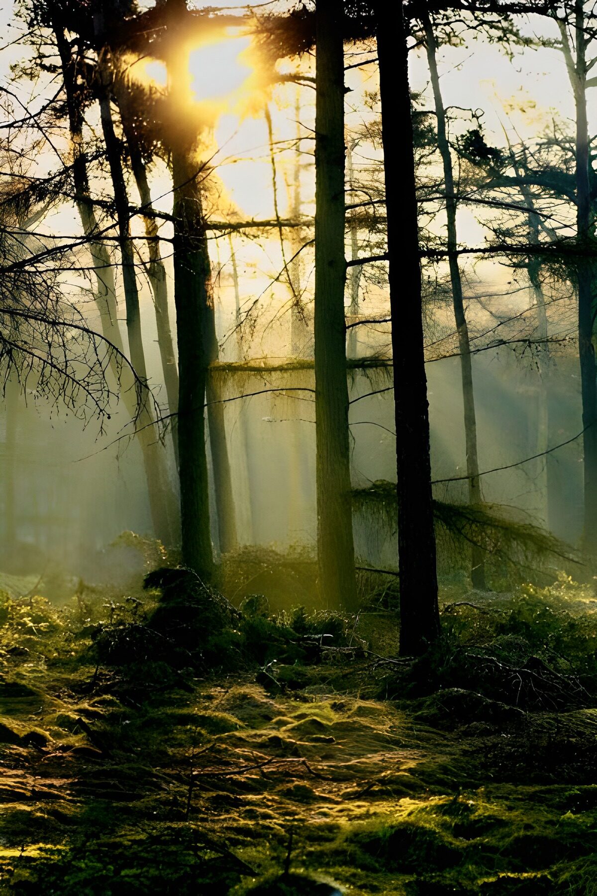 Bosque con musgo entre niebla y sol