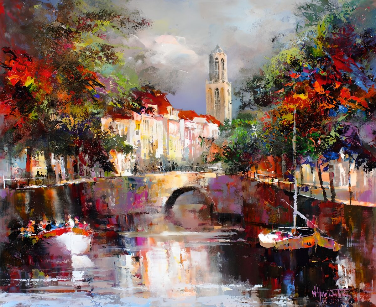 Canal con puente y fachadas de colores