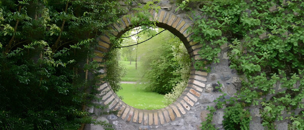 TPES27991: Ventana circular a un jardín verde