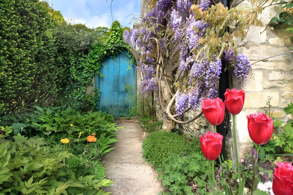Puerta azul entre glicinias y tulipanes
