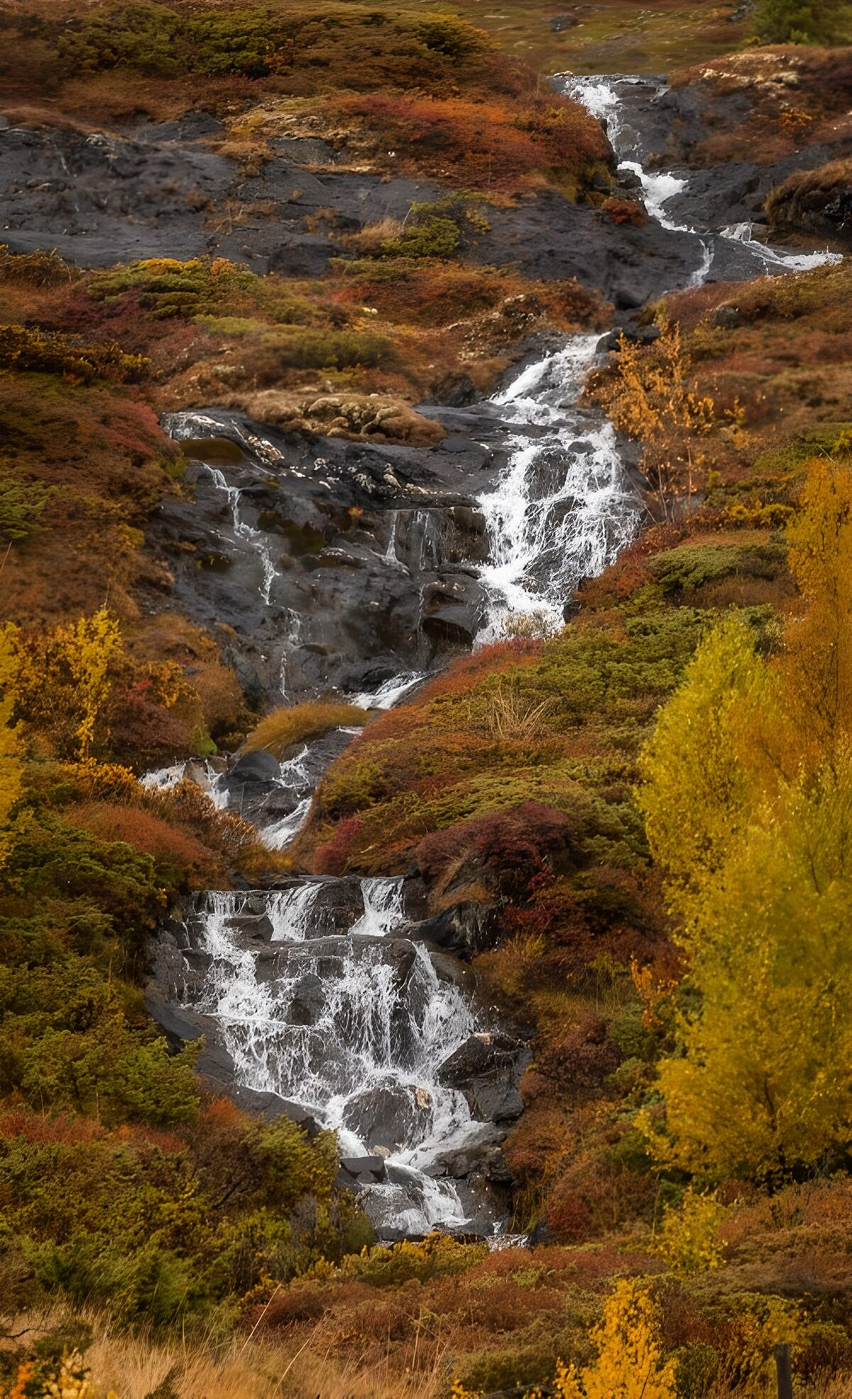 Cascadas entre rocas y colores de otoño