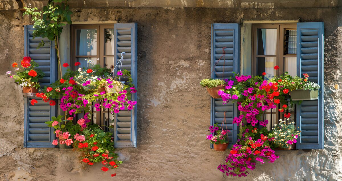 Contraventanas azules y flores a raudales