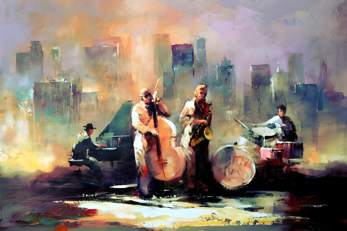 Cuarteto de jazz entre luces urbanas