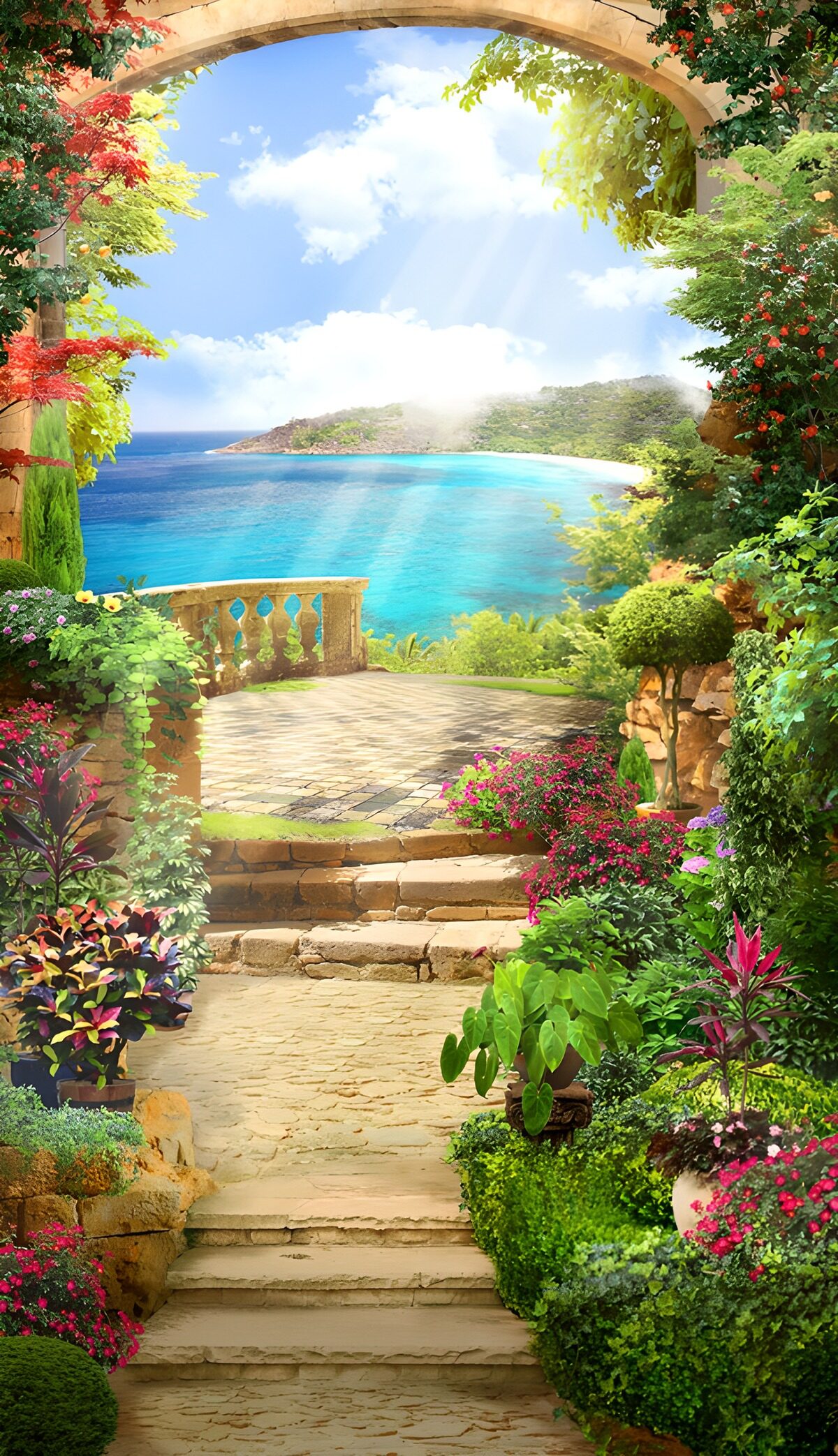 TPES66361: Jardín florido sobre una bahía turquesa