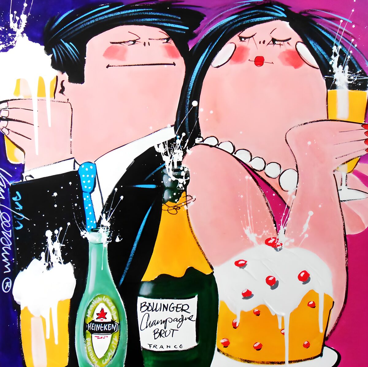 Brindis de pareja con cerveza y champán