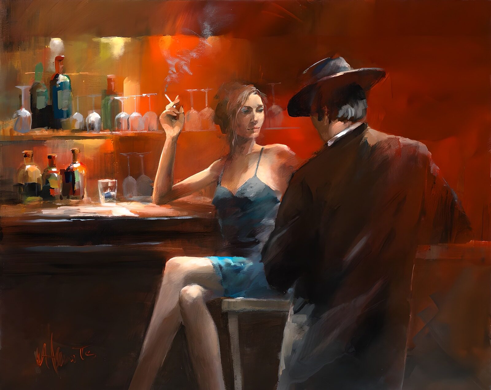 TPES41423: Mujer de azul y hombre con sombrero en el bar