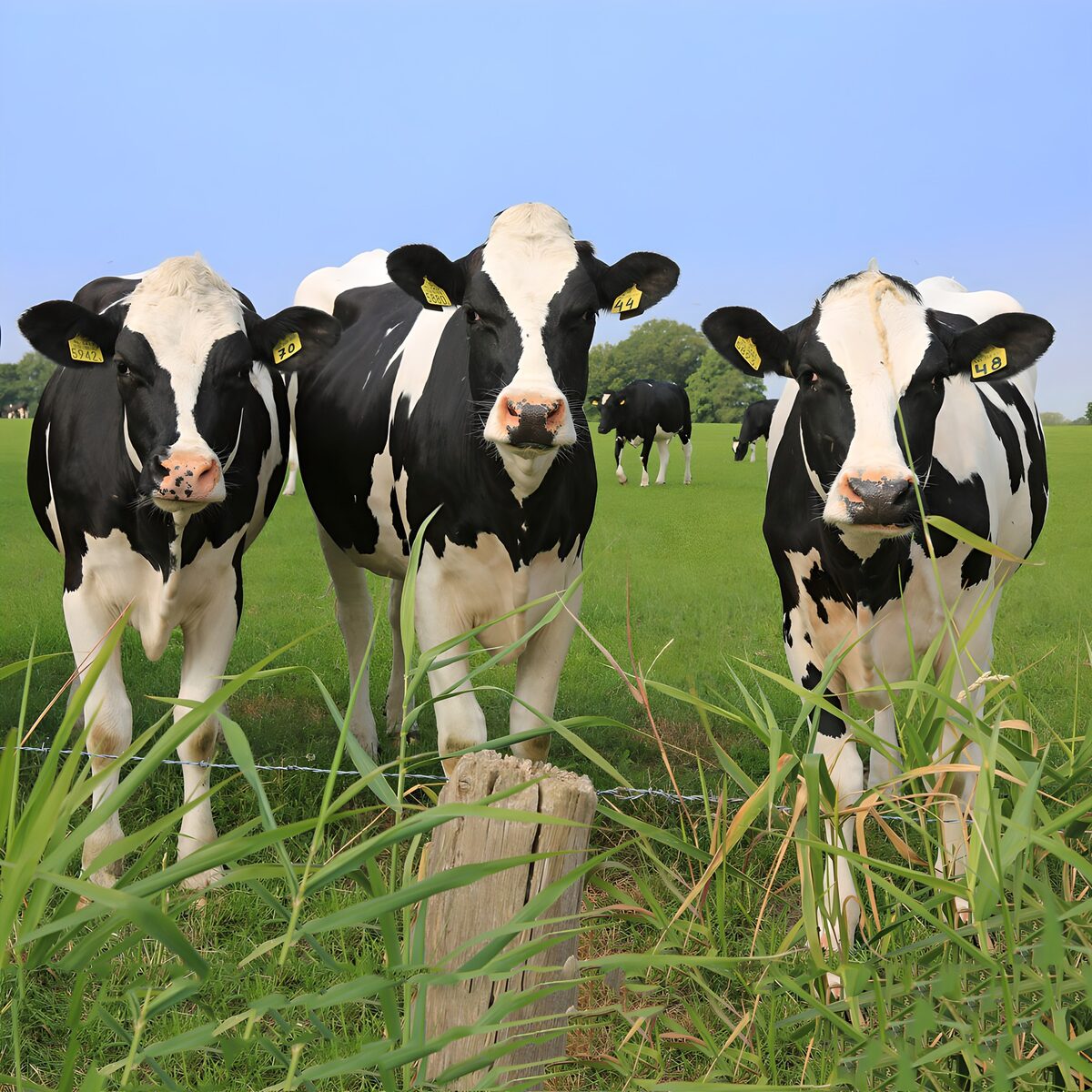 Tres vacas curiosas en la pradera