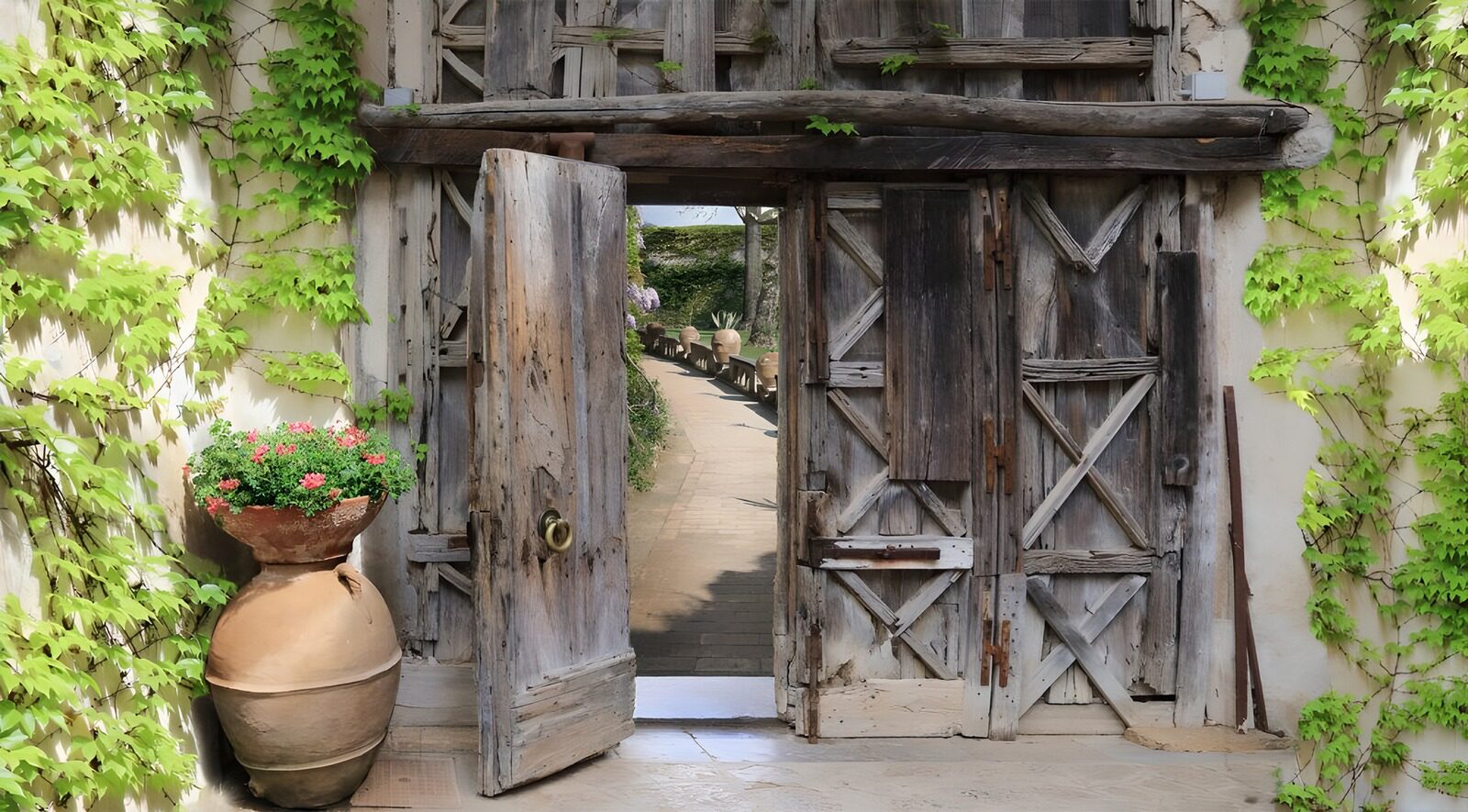 TPES38232: Portón de madera abierto al jardín