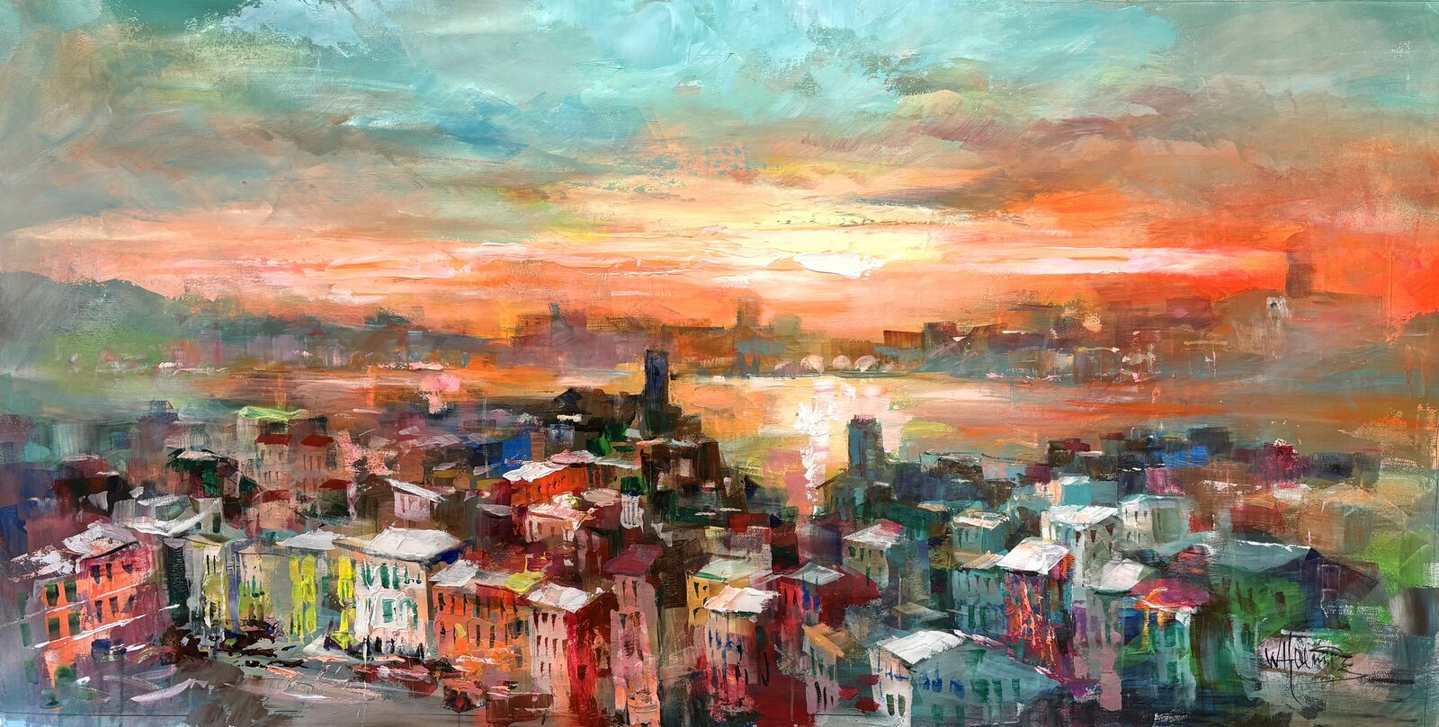 TPES84570: Ciudad costera de colores al atardecer
