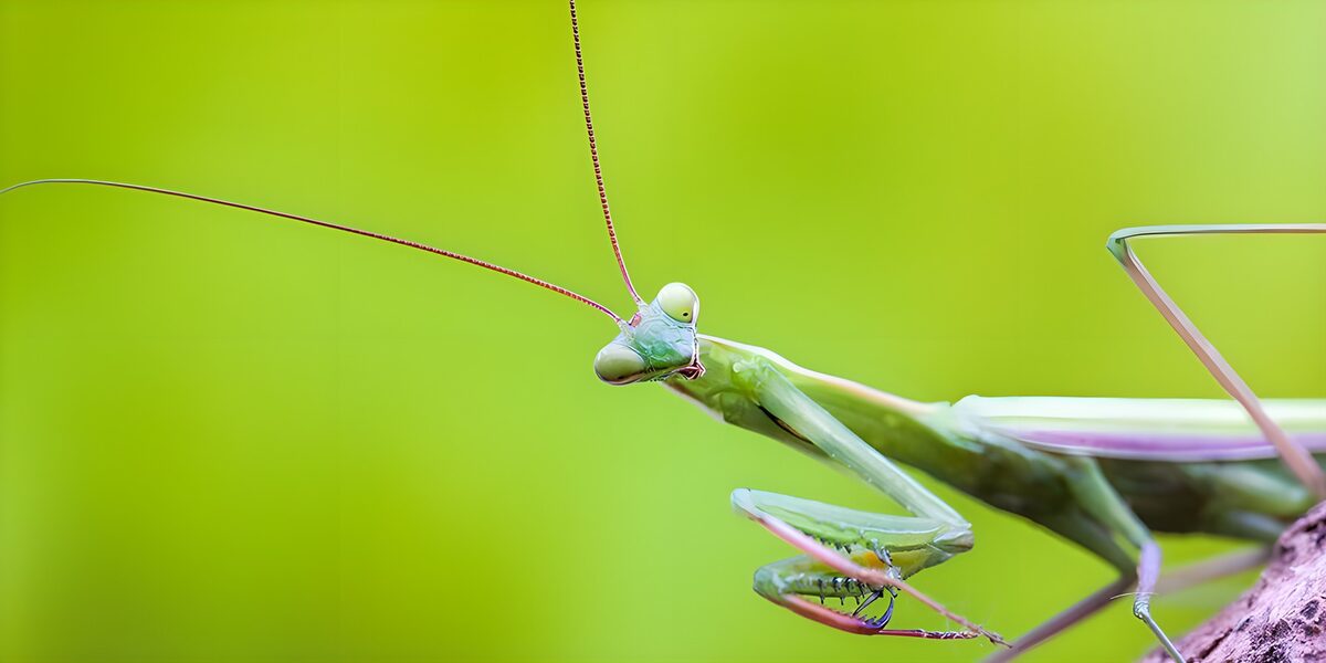 Mantis verde en primer plano, alerta