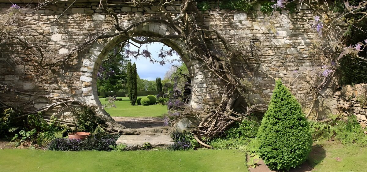 TPES52093: Arco de piedra y flores moradas al sol