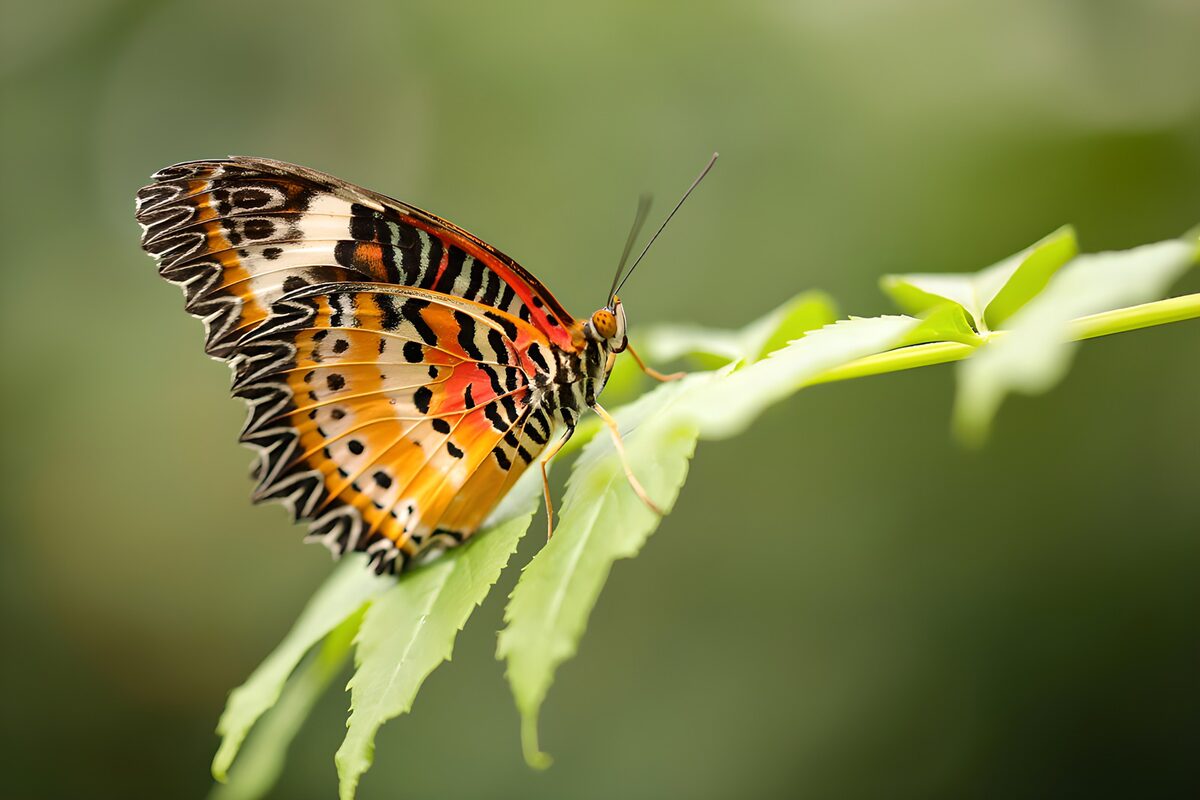 Mariposa naranja sobre hojas verdes